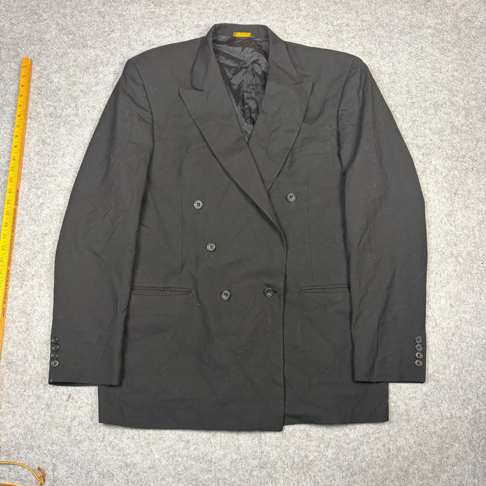Vintage Pure Wool Double Breasted Blazer Black Peak Lapel Made in USA